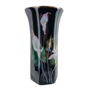 Vintage YAMAJI TOYO-ALGAR Japan Black Porcelain Hand-painted Flower Hexagon Vase
